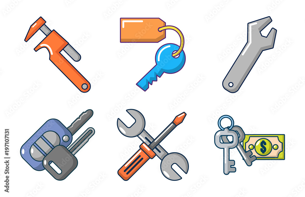 Keys icon set, cartoon style Keys icon set, cartoon style