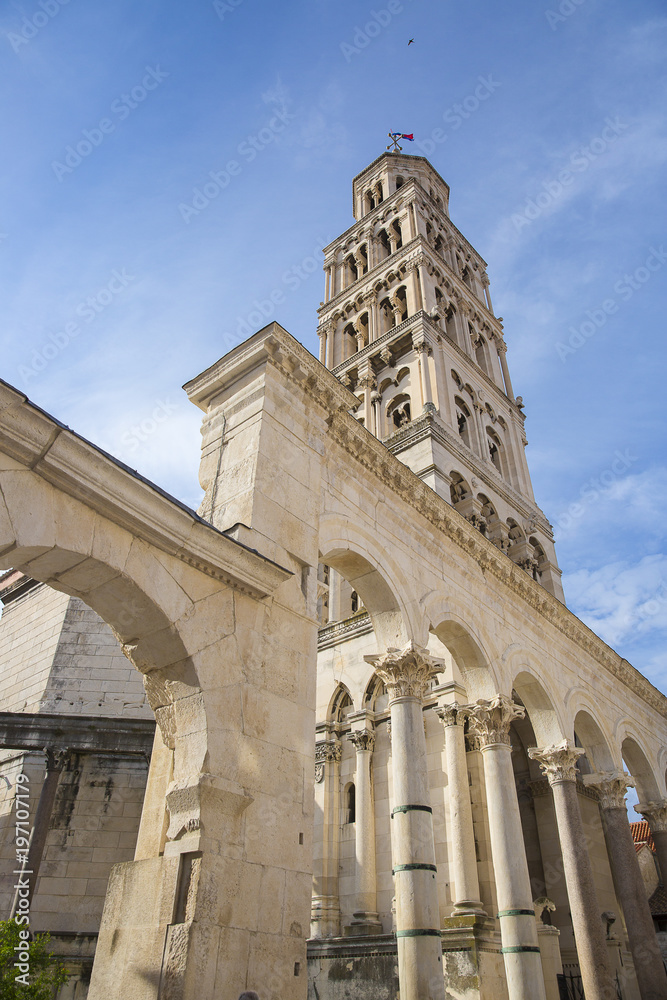 Bell tower of Cathedral of Saint Domnius with a Roman arch, Split Croatia.