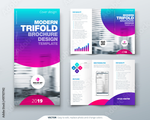 Tri fold brochure design. Cool business template for tri fold flyer. Layout with modern circle photo and abstract background. Creative 3 folded flyer or brochure concept.