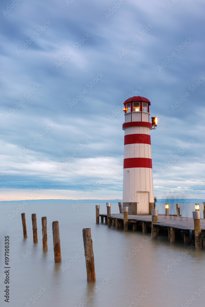 Lighthouse at Lake Neusiedl at sunset