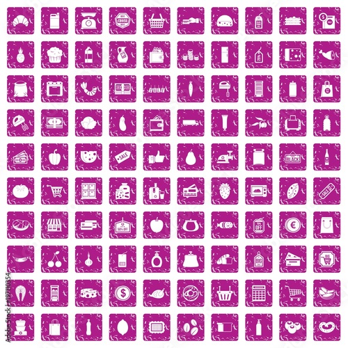 100 supermarket icons set grunge pink