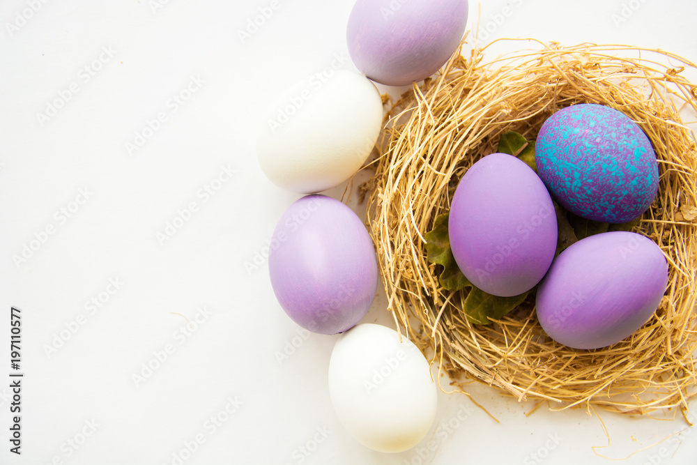 Purple colored Easter eggs in nest on wooden background, selective focus image. Happy Easter card Purple colored Easter eggs in nest on wooden background, selective focus image. Happy Easter card