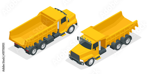 Isometric dumper truck, excavator, dump truck isolated.