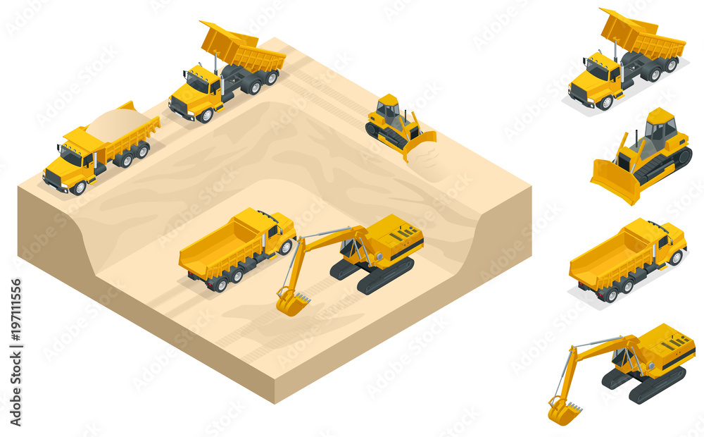 Fototapeta premium Isometric excavators and bulldozers dig a pit on the sand quarry.