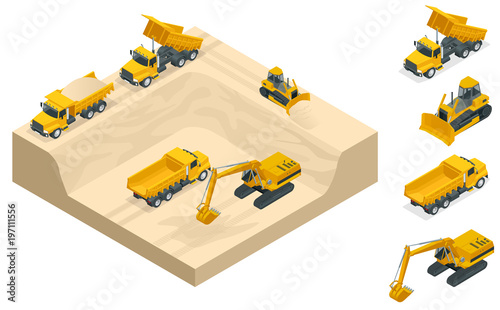 Isometric excavators and bulldozers dig a pit on the sand quarry.
