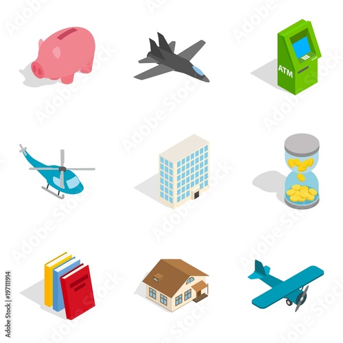 Economic system icons set, isometric style
