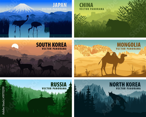 Vector panorama of China, Japan, North Korea, South Korea, Mongolia, Russia
