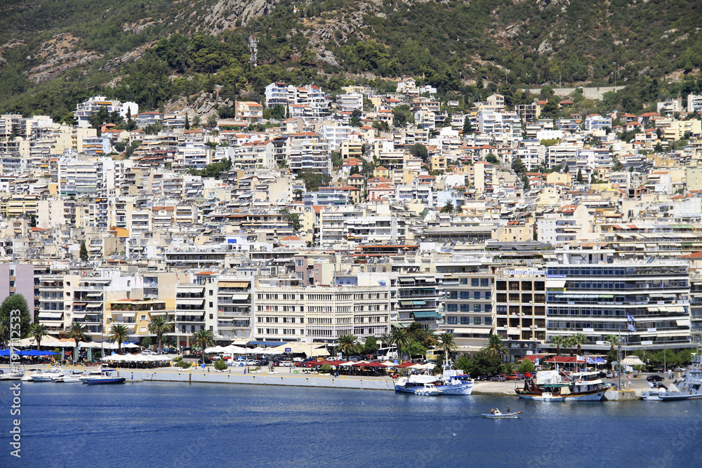 Panorama of the city center - Kavala, Greece - port, buildings, Aegean Sea.