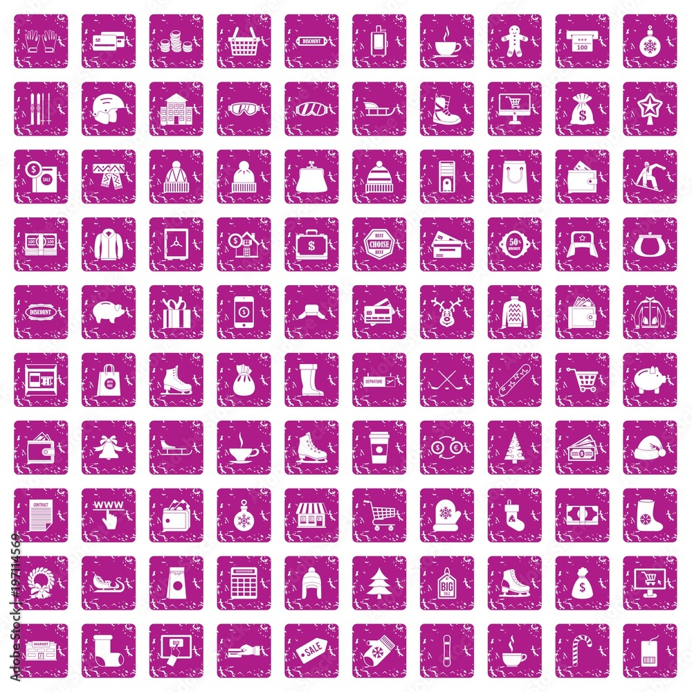 100 winter shopping icons set grunge pink 100 winter shopping icons set grunge pink