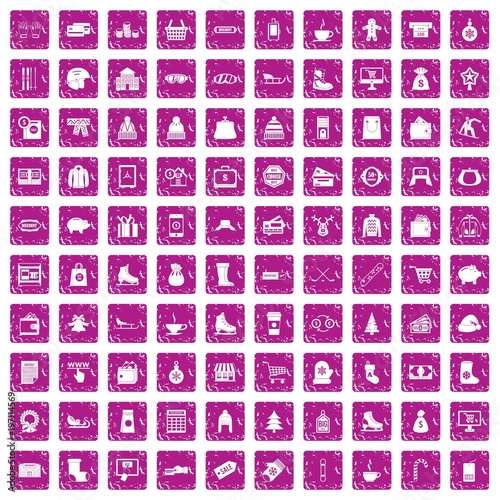 100 winter shopping icons set grunge pink