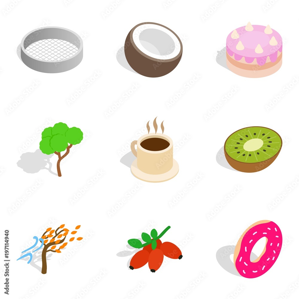 Vegetarian eatery icons set, isometric style Vegetarian eatery icons set, isometric style