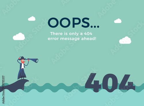 Flat line concept for page not found 404 error. Vector illustration background with a pirate sailing in the sea that just found a 404 error message with his telescope.