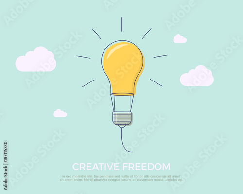 Flat line design vector illustration with flying lightbulb like air balloon. Vector illustration for creativity freedom, innovation and imagination.