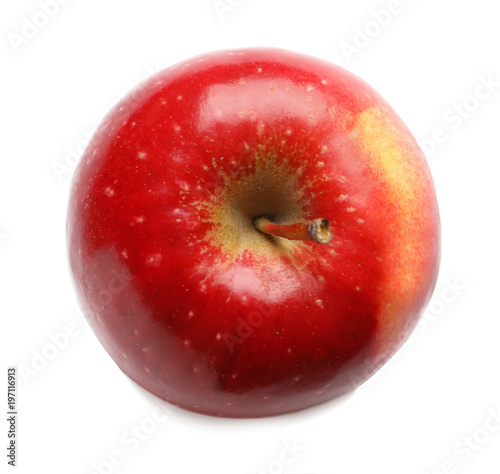Ripe red apple on white background, top view
