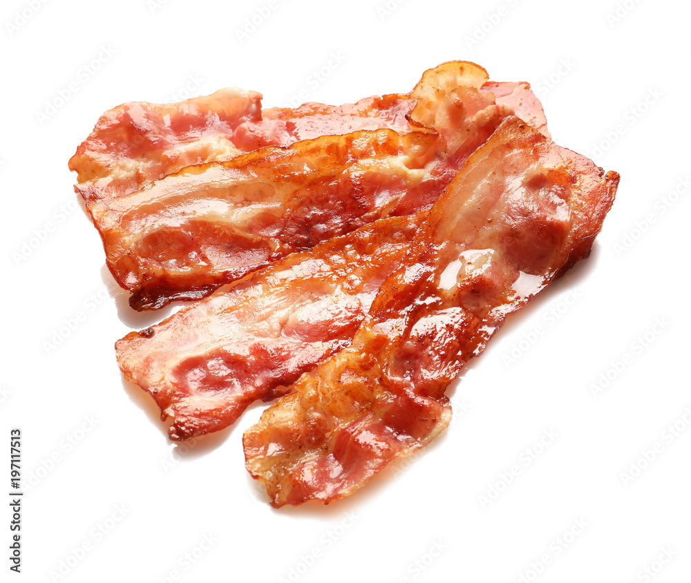 Fried bacon on white background Fried bacon on white background