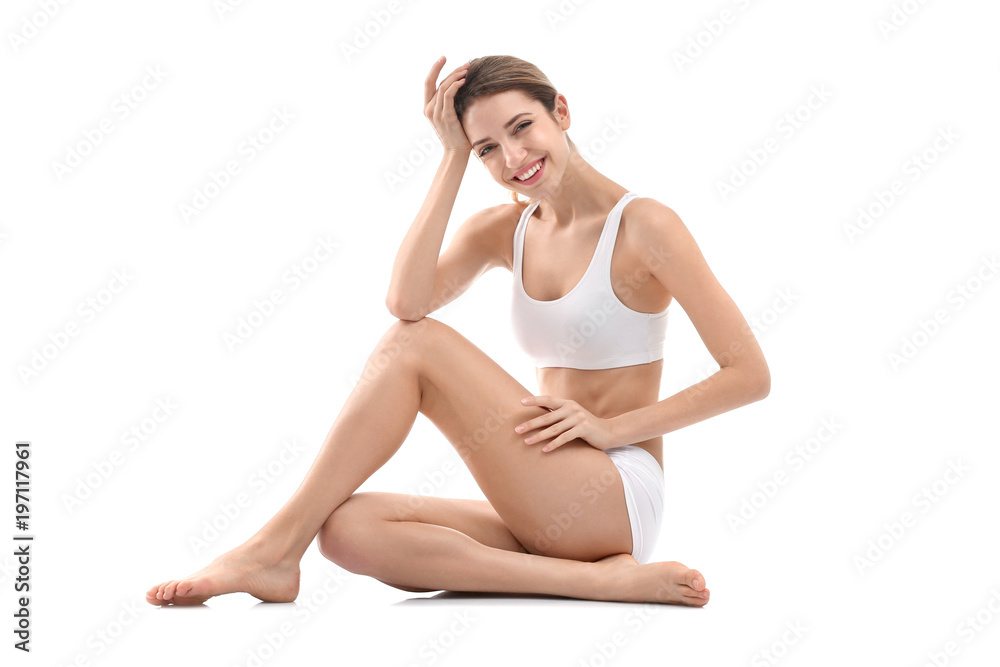 Young woman with beautiful silky body on white background - obrazy, fototapety, plakaty 