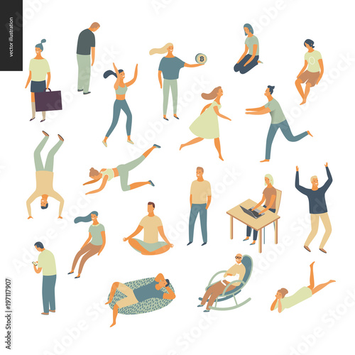 Set of vector illustrated people acting and relaxing