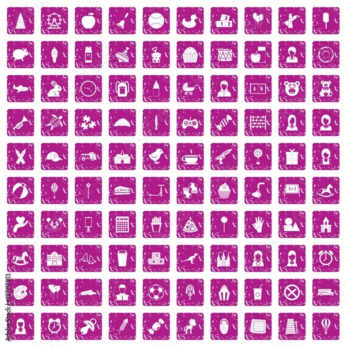 100 child center icons set grunge pink
