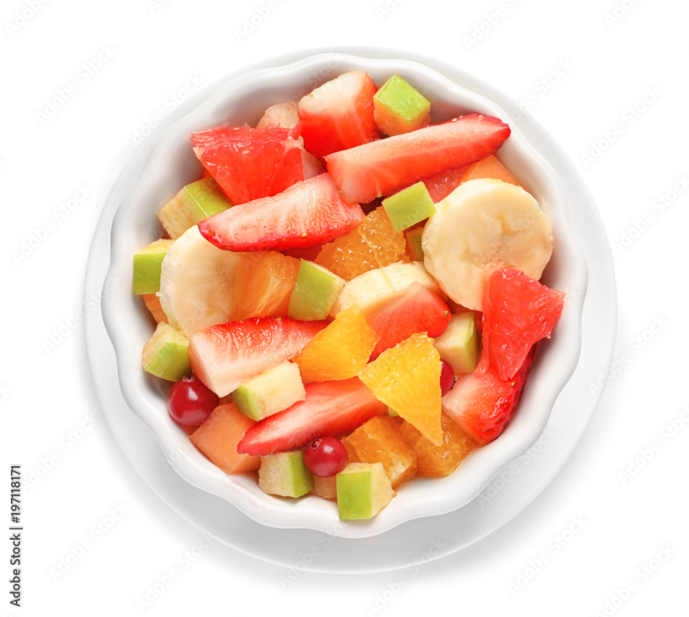 Bowl with fresh cut fruits on white background Bowl with fresh cut fruits on white background