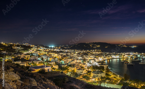 Mykonos island aerial panoramic view at night. Mykonos is a island, part of the Cyclades in Greece