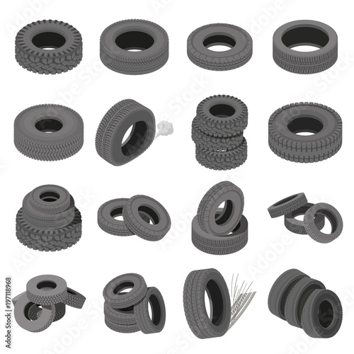 Tire icons set, isometric style