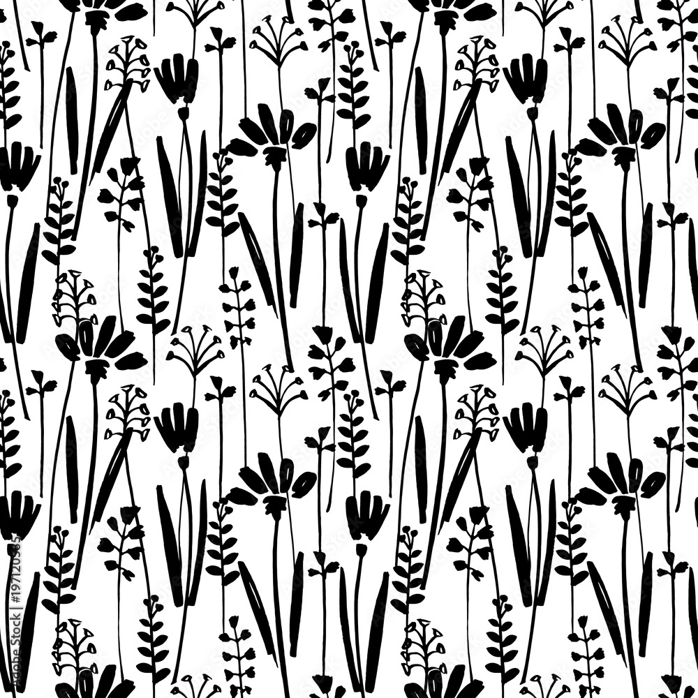 Fototapeta Wektorowy bezszwowy wzór rysuje dzikie rośliny, ziele i kwiaty atrament, monochromatyczna botaniczna ilustracja, kwieciści elementy, ręka rysujący powtarzalny tło. Artystyczne tło.