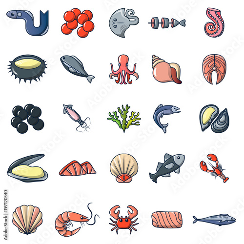Seafood fish ocean icons set, cartoon style