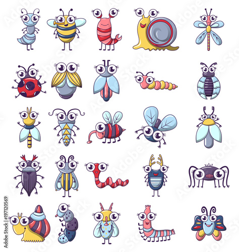 Bug funny insect icons set, cartoon style