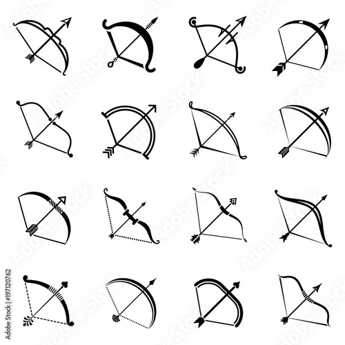 Bow arrow weapon icons set, simple style
