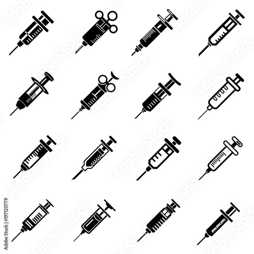 Syringe needle injection icons set, simple style photo