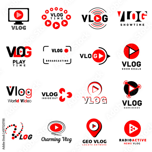 Vlog video channel logo icons set, simple style