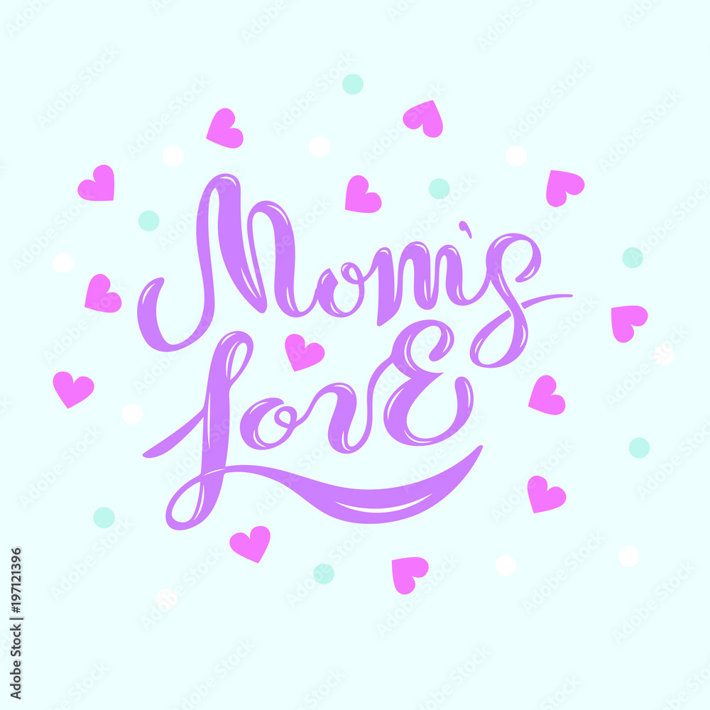 Mom's Love text isolated on blue background. Calligraphy for girl, boy clothes, baby shop. Hand drawn lettering Mom's Love as logo, badge, icon, sticker. Inspirational quote card, invitation, banner.