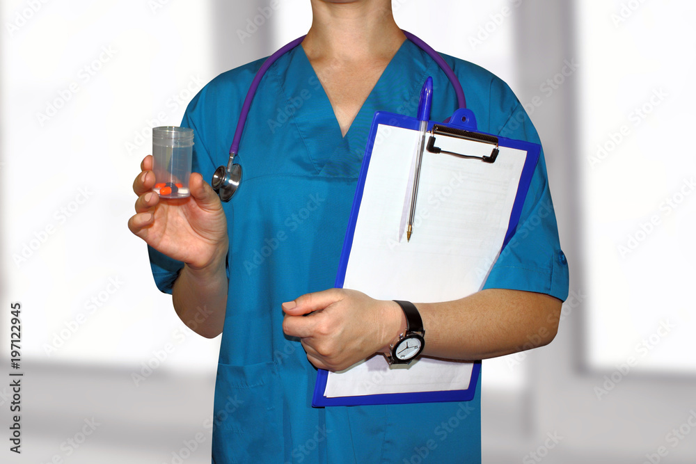 woman doctor giving medication, concept of attention to a patient's health woman doctor giving medication, concept of attention to a patient's health