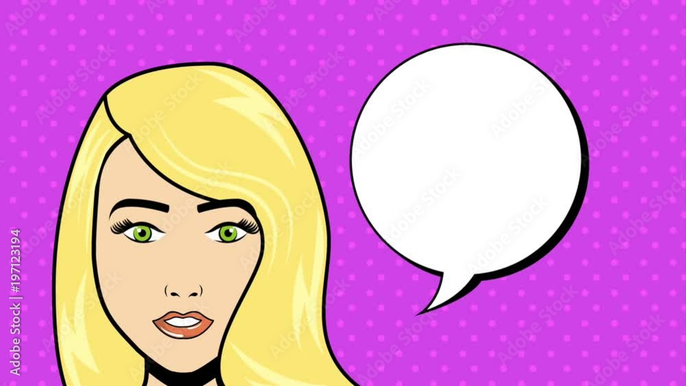 pop art face young blonde woman with speech bubbles on dots background
