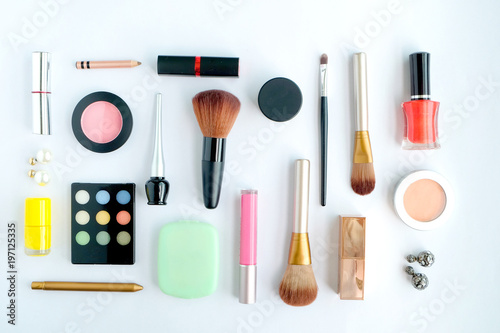 Professional makeup equipment fashion stylish clothes, cosmetics, makeup accessories colorful stylish woman . top view on white background