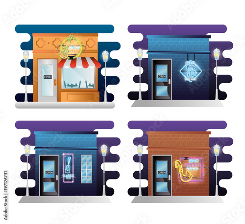 set buildings facades with neon labels vector illustration design