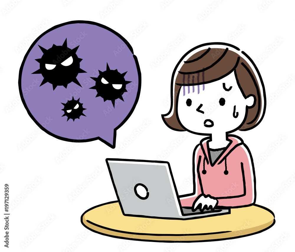 女の子：パソコン、ウイルス、感染
