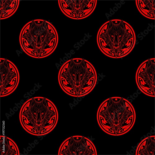 Wolf face double exposure with tree in Aztec tribal circle shape tattoo red and black seamless pattern 