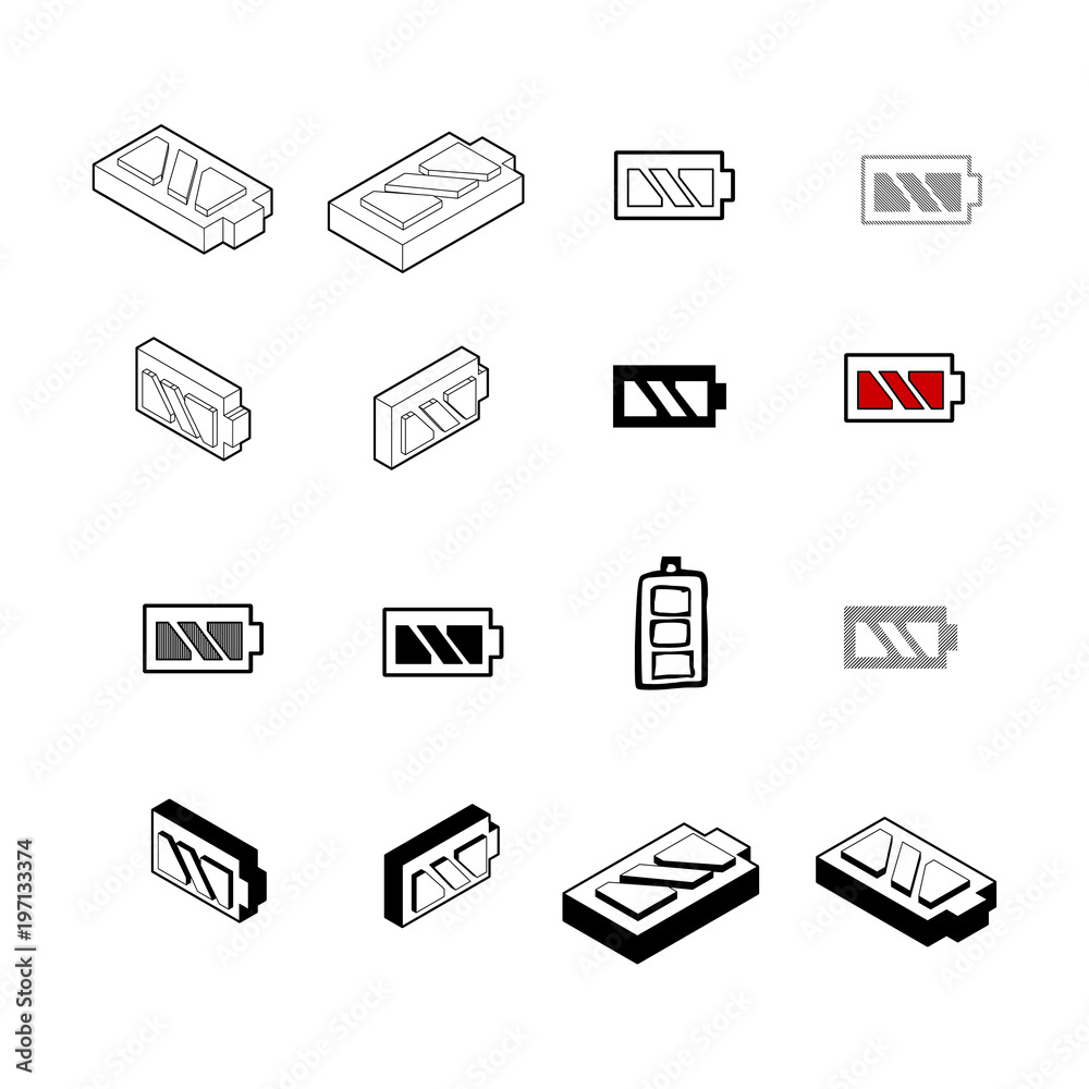 Set of Collection modern vector. Battery icon multi type of 3d isometric, solid, line, scribble hatch, doodle, shadow isometric and a little colour on white background eps10 Set of Collection modern vector. Battery icon multi type of 3d isometric, solid, line, scribble hatch, doodle, shadow isometric and a little colour on white background eps10