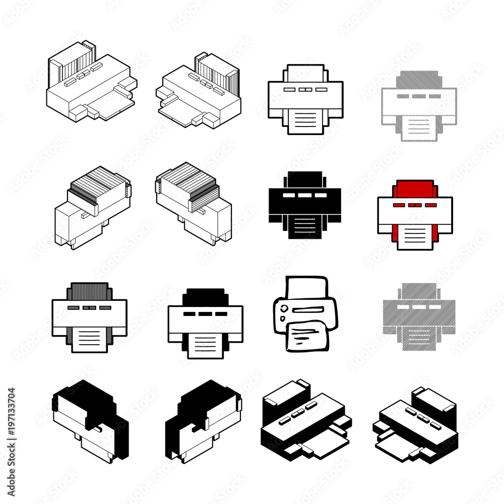 Set of Collection modern vector. Printer icon multi type of 3d isometric, solid, line, scribble hatch, doodle, shadow isometric and a little colour on white background eps10