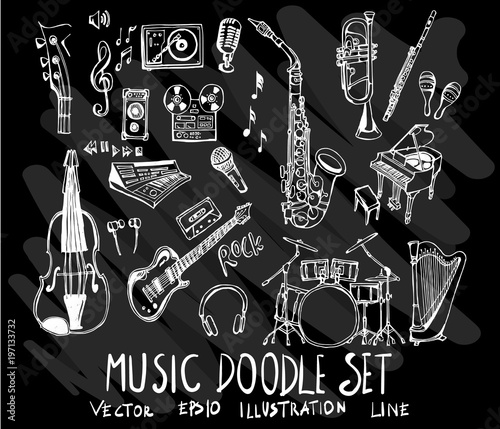 Set of vector doodle drawing Collection Music on black background eps10