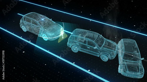 Autonomous vehicle, Collision Avoid car, Keep the car distance, Automatic driving technology. IOT connect car. X-ray image. 4k size movie