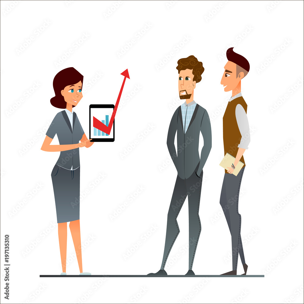 Manager and employees discuss in the office. Business cartoon characters as a team in the corporate environment. Young woman and man in semi-casual suits. Manager and employees discuss in the office. Business cartoon characters as a team in the corporate environment. Young woman and man in semi-casual suits.