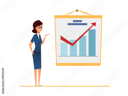 Sales increase. Income grow. Business Woman against financial graph presents business strategy success. Worker show commercial plan and future return. Cartoon vector illustration.