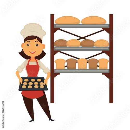 Female baker with tray of cookies and stand with bread