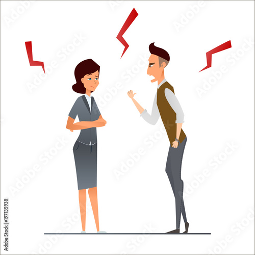 Businessman and businesswoman argue. Rude boss angry, yell and quarrel. Work conflict. Human resources problem. vector illustration cartoon character.