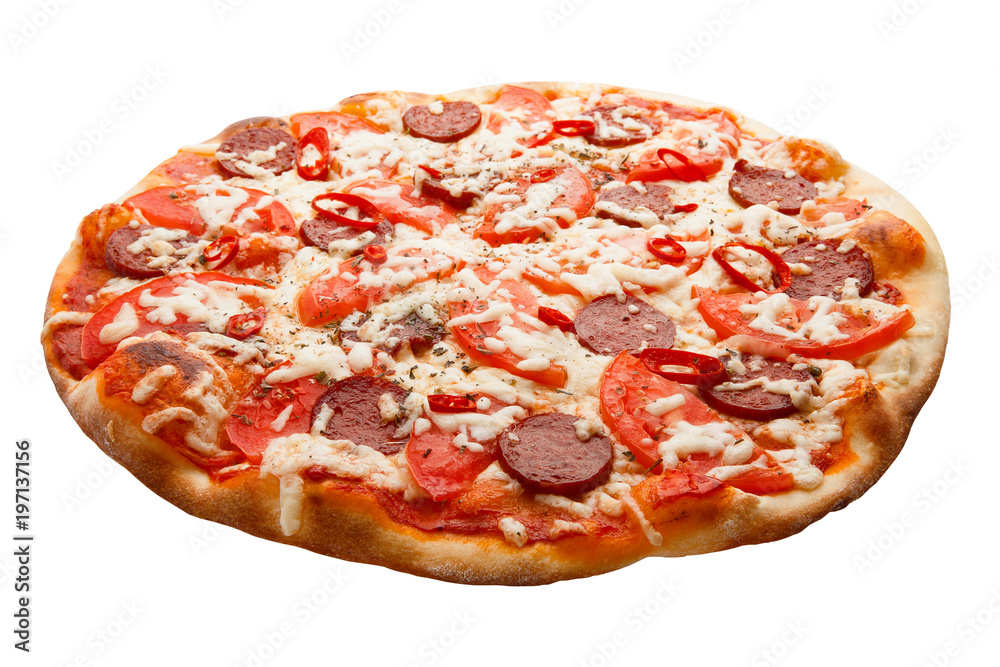 Pizza with salamy, cheese, tomato and peper isolated on white background Pizza with salamy, cheese, tomato and peper isolated on white background