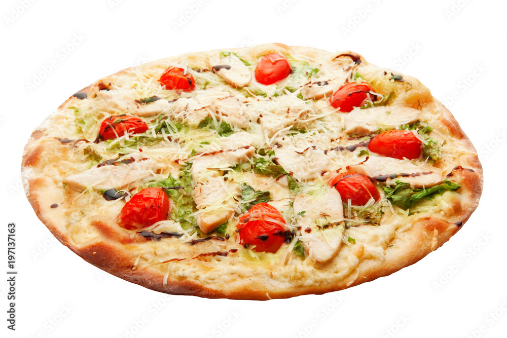 Pizza with bacon, cheese, tomato and salad isolated on white background