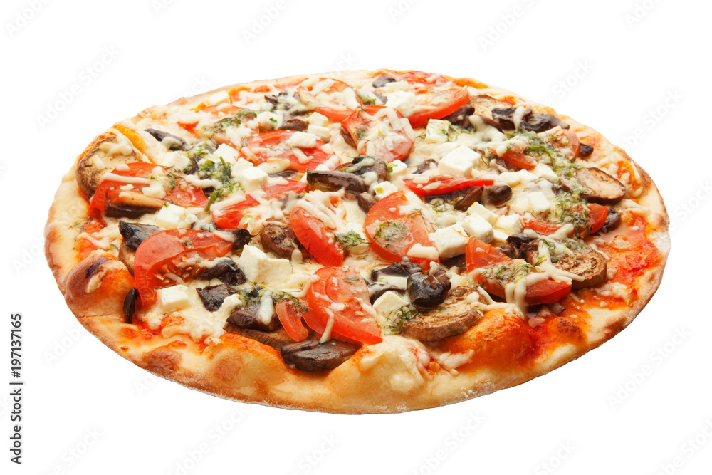 Pizza with mushrooms, cheese and tomato isolated on white background