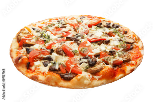 Pizza with mushrooms, cheese and tomato isolated on white background